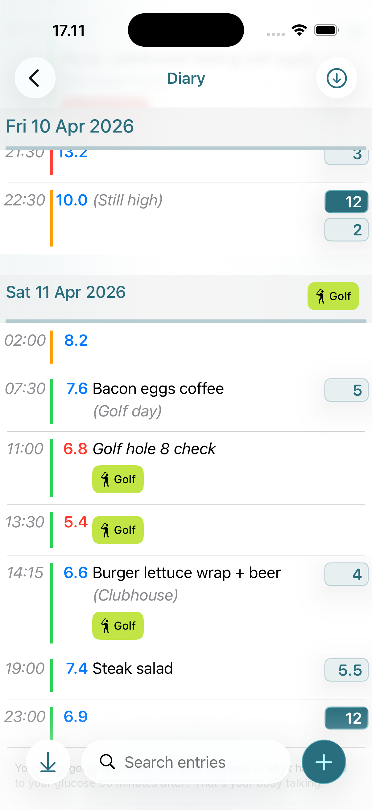 Glysimi diary view showing recent blood glucose and insulin entries