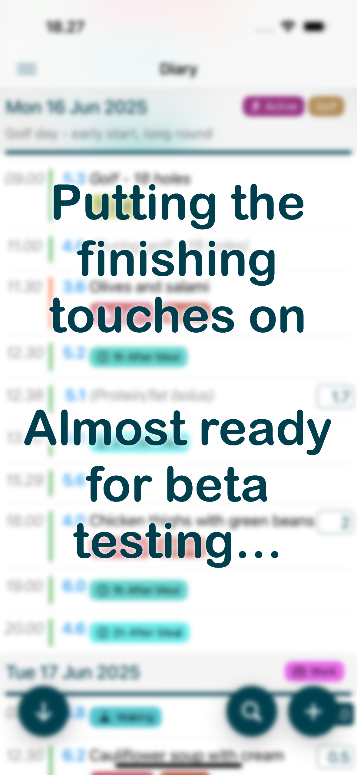 Glysimi app showing diary entries with the text: Almost ready for beta testing